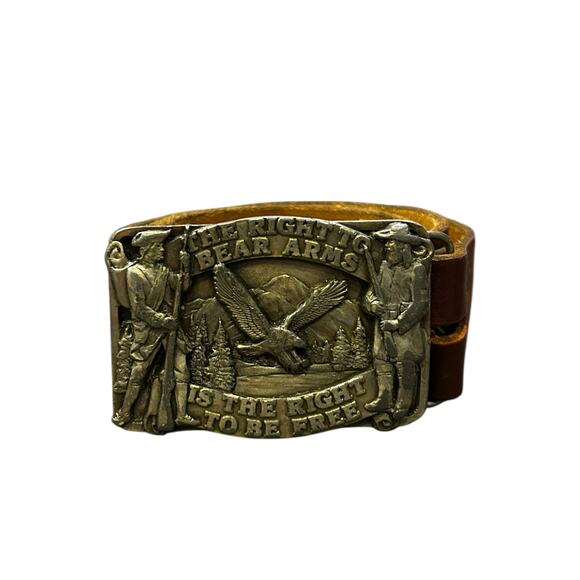Vintage 1982 Siskiyou “Right to Bear Arms” Belt Buckle with Brown Leather Belt - Picture 1 of 6